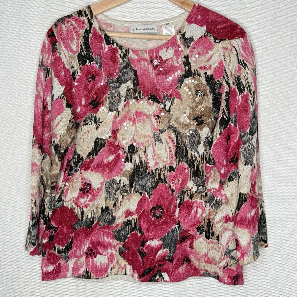 Alfred Dunner Pink Floral Sequin Top Womens Petite XL 3/4 Sleeve‎ Sparkly Knit